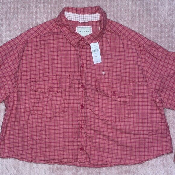 American Eagle Outfitters Womens Pink Plaid Button Front Blouse - Picture 1 of 6
